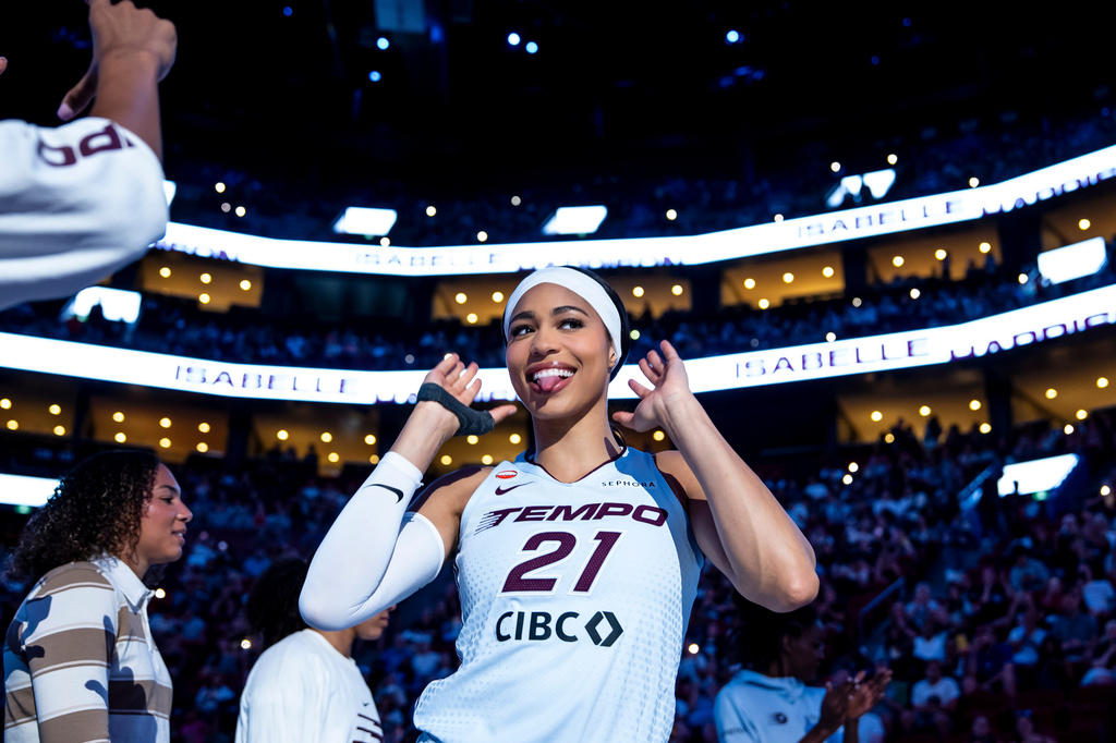 Toronto Tempo's Isabelle Harrison (21) gestures before of a WNBA basketball game against the Dallas Wings in Montreal, Friday, July 10, 2026. (Christopher Katsarov/The Canadian Press via AP)