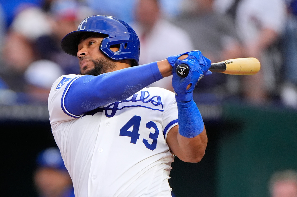 Kansas City Royals' Elias Diaz watches his two-run home run during the fifth inning of a baseball game against the Boston Red Sox, Wednesday, May 20, 2026, in Kansas City, Mo. (AP Photo/Charlie Riedel)