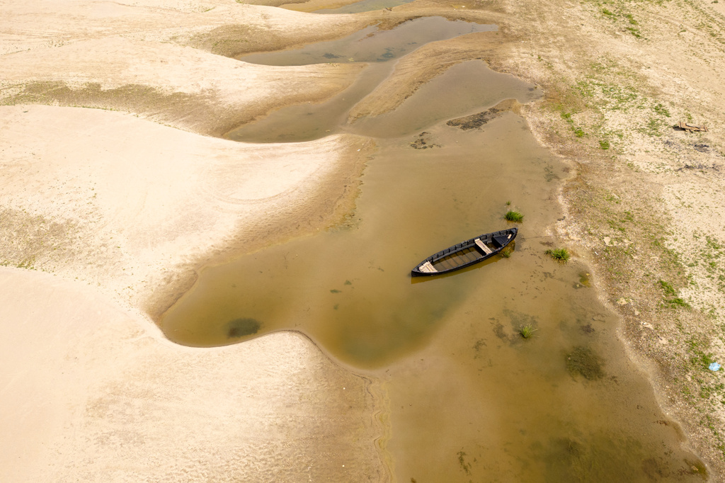 Usually submerged areas of the Danube River are exposed amid exceptionally low water levels, in Rasova, Romania, Monday, Aug. 3 2026. (AP Photo/ Vadim Ghirda)