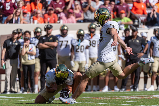 Wake Forest place kicker Connor Calvert (90) kicks a field goal against Virginia Tech during the second half of an NCAA college football game, Saturday, Oct. 4, 2025, in Blacksburg, Va. (AP Photo/Robert Simmons) Wake Forest place kicker Connor Calvert (90) kicks a field goal against Virginia Tech during the second half of an NCAA college football game, Saturday, Oct. 4, 2025, in Blacksburg, Va. (AP Photo/Robert Simmons)