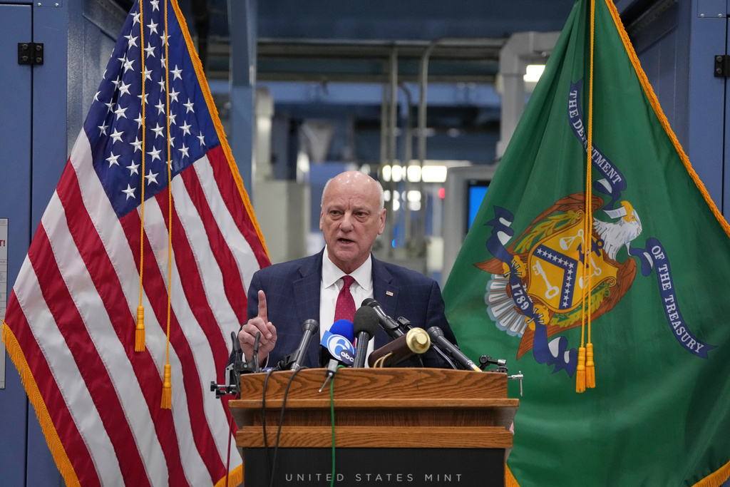 U.S. Treasurer Brandon Beach speaks during a news conference at the U.S. Mint in Philadelphia, Wednesday, Nov. 12, 2025. (AP Photo/Matt Slocum)