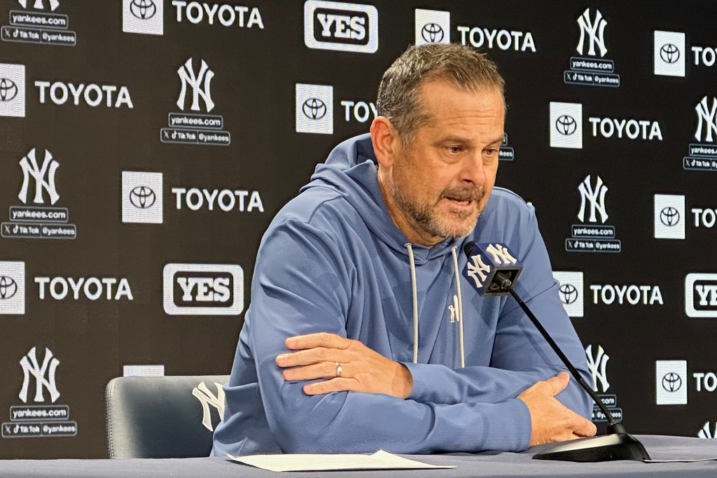 New York Yankees manager Aaron Boone speaks during a baseball news conference, Thursday, Oct. 16, 2025, in New York. (AP Photo/Ronald Blum)