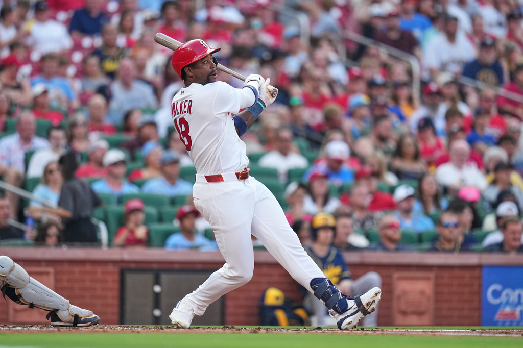 St. Louis Cardinals' Jordan Walker follows through on an RBI double during the first inning of a baseball game against the Milwaukee Brewers Wednesday, July 8, 2026, in St. Louis. (AP Photo/Jeff Roberson)