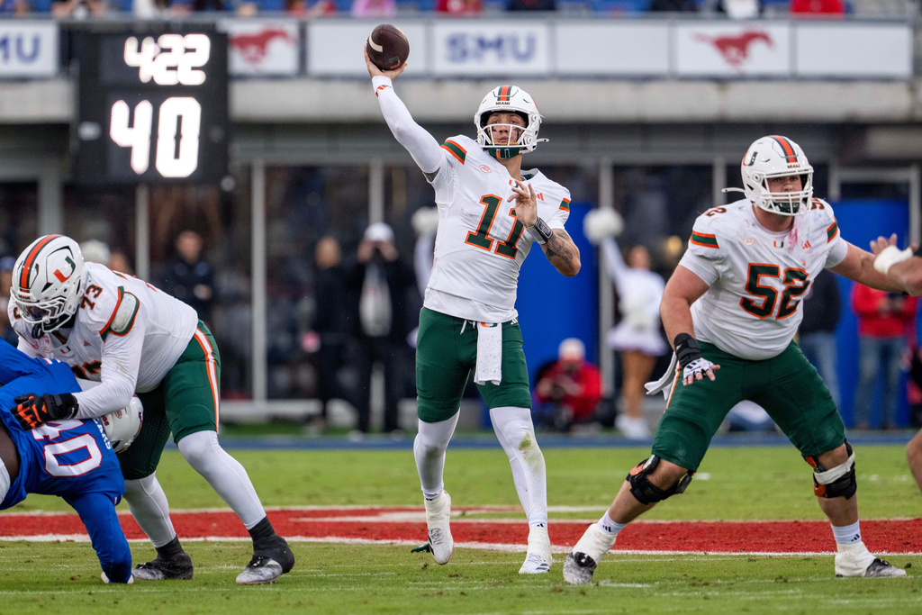 Miami quarterback Carson Beck throws a touchdown pass during the first half of an NCAA college football game against SMU, Saturday, Nov. 1, 2025, in Dallas. (AP Photo/Jeffrey McWhorter)