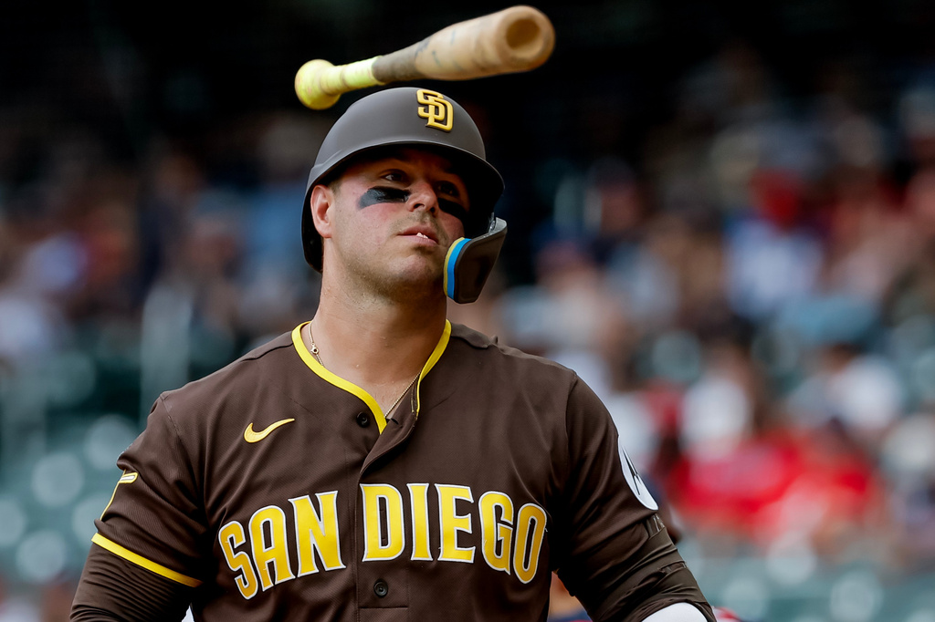San Diego Padres' Ty France tosses his bat after striking out against the Atlanta Braves during the first inning of a baseball game, Thursday, July 23, 2026, in Atlanta. (AP Photo/Erik S. Lesser)