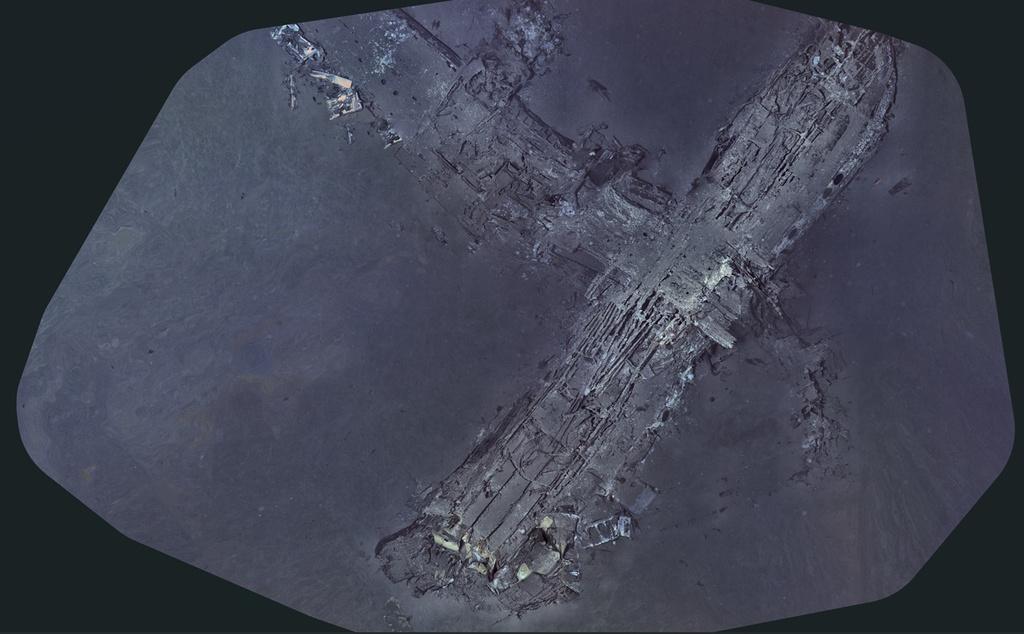 This undated composite image provided by the Air/Sea Heritage Foundation and Deep Sea Vision on Tuesday, July 21, 2026, shows the Clipper Endeavor wreck. (Air/Sea Heritage Foundation and Deep Sea Vision via AP)