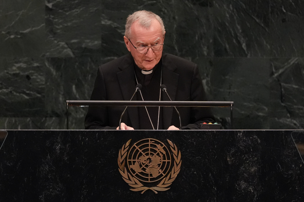 Vatican Secretary of State Cardinal Pietro Parolin speaks during the 81st session of the United Nations General Assembly at United Nations headquarters, Saturday, Sept. 26, 2026. (AP Photo/Heather Khalifa)