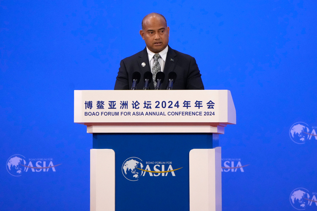 FILE - Nauru President David Adeang speaks at the opening ceremony of Boao Forum of Asia, in Boao in southern China's Hainan province on Thursday, March 28, 2024. (AP Photo/Tian Macleod Ji, File)