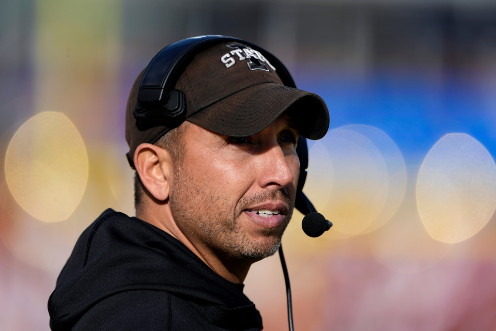 Iowa State head coach Matt Campbell looks to the scoreboard during the second half of an NCAA college football game against Kansas, Saturday, Nov. 22, 2025, in Ames, Iowa. Iowa State won 38-14. (AP Photo/Matthew Putney)