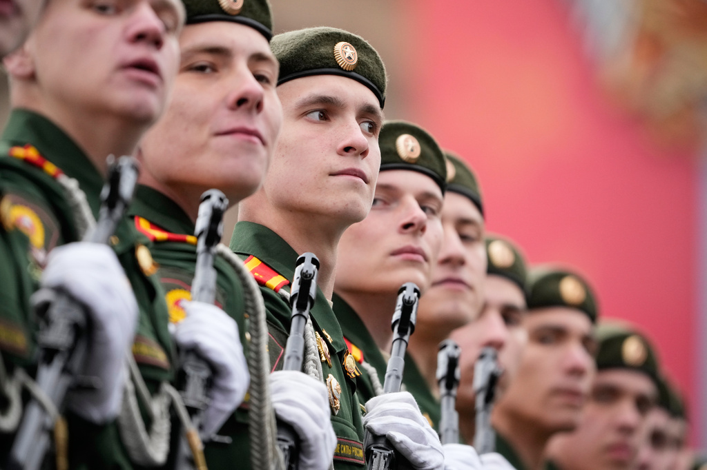 Russian servicemen march as they attend the Victory Day military parade in Moscow, Saturday, May 9, 2026, during celebrations of the 81st anniversary of the Soviet Union's victory over Nazi Germany during World War II. (AP Photo/Pavel Bednyakov, Pool)