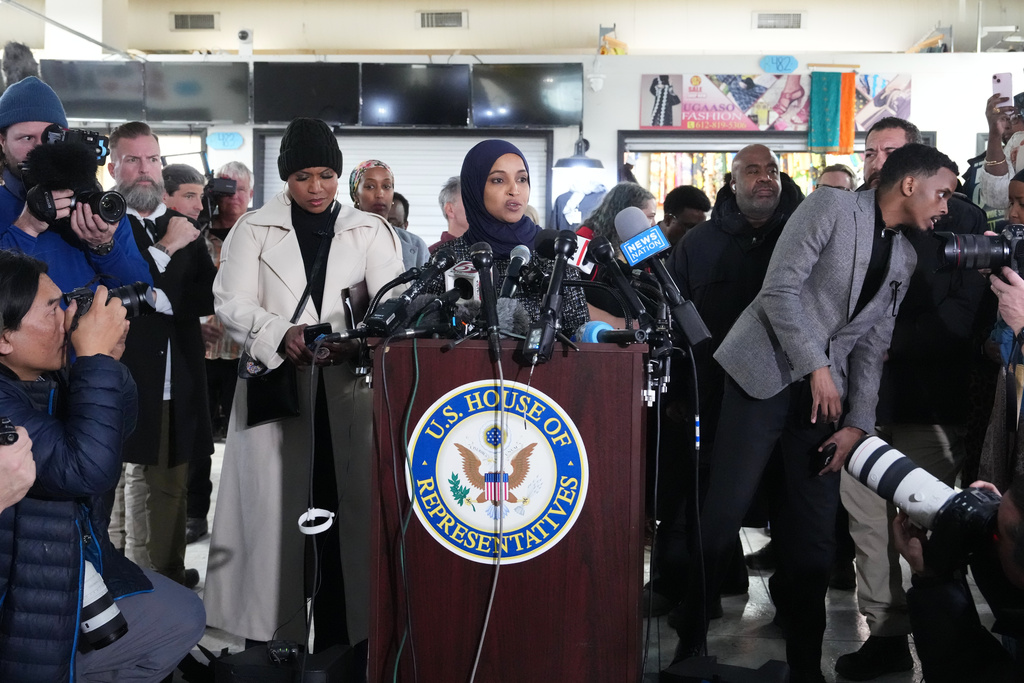 Rep. Ilhan Omar, D-Minn., speaks during a press conference on Wednesday, Jan. 28, 2026, in Minneapolis. (AP Photo/Adam Gray)