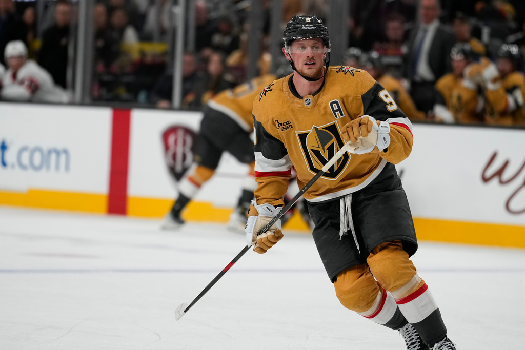 Vegas Golden Knights center Jack Eichel (9) skates during the second period of an NHL hockey game against the Ottawa Senators Wednesday, Nov. 26, 2025, in Las Vegas. (AP Photo/Lucas Peltier)