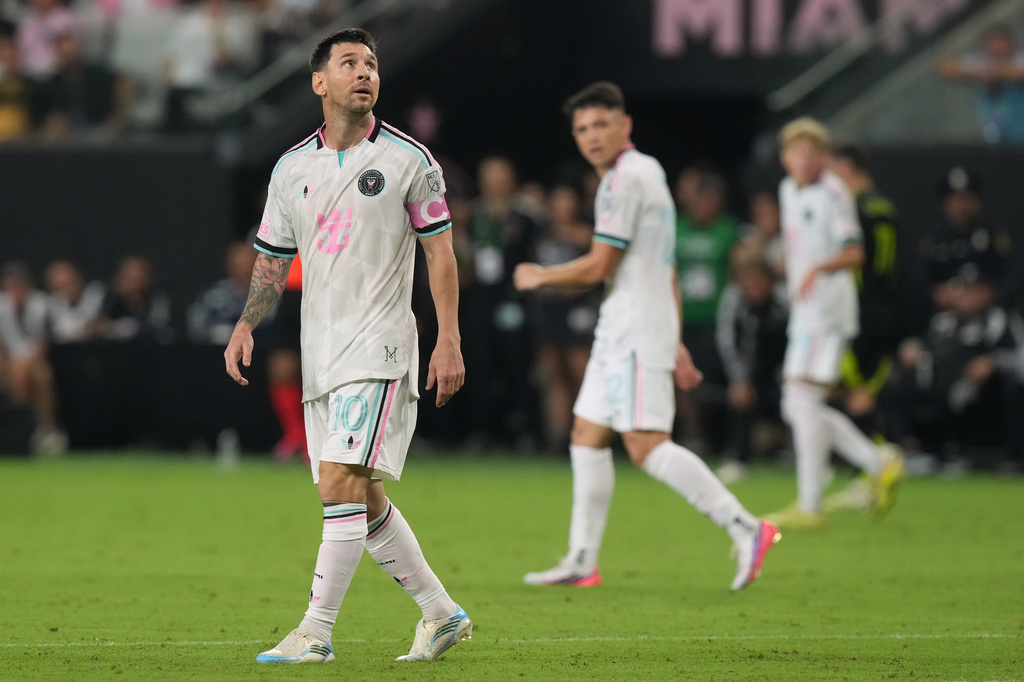 Inter Miami's Lionel Messi (10) looks up at the clock during the second half of an MLS soccer match against the Columbus Crew, Saturday, Aug. 1, 2026, in Miami, Fla. (AP Photo/Marta Lavandier)