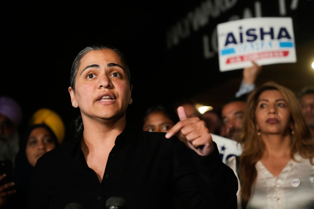 State Sen. Aisha Wahab, a Democratic candidate for Congress in California's 14th district, speaks during a primary election night event on Tuesday, Aug. 18, 2026, in Hayward, Calif. (AP Photo/Jeff Chiu)