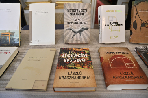 Books by Hungarian author László Krasznahorkai at Börshuset in Stockholm, after he was announced as the recipient of the Nobel Prize in Literature at the Nobel Assembly of the Karolinska Institutet, in Stockholm, Sweden, Thursday, Oct. 9, 2025. (Henrik Montgomery/TT News Agency via AP) Books by Hungarian author László Krasznahorkai at Börshuset in Stockholm, after he was announced as the recipient of the Nobel Prize in Literature at the Nobel Assembly of the Karolinska Institutet, in Stockholm, Sweden, Thursday, Oct. 9, 2025. (Henrik Montgomery/TT News Agency via AP)
