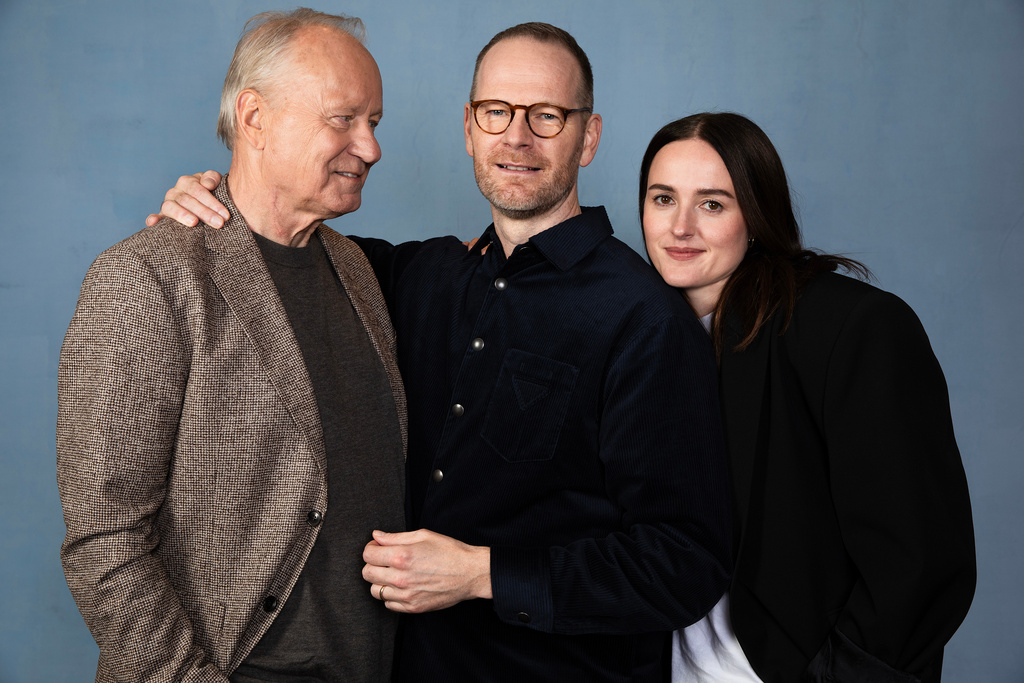 Stellan Skarsgard, from left, Joachim Trier and Renate Reinsve pose for a portrait to promote "Sentimental Value" on Tuesday, Nov. 4, 2025, in Los Angeles. (Photo by Rebecca Cabage/Invision/AP)