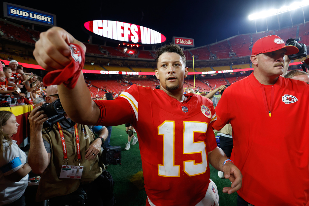 Kansas City Chiefs quarterback Patrick Mahomes leaves the field following an NFL football game against the Denver Broncos, Monday, Sept. 14, 2026, in Kansas City, Mo. (AP Photo/Colin E. Braley)