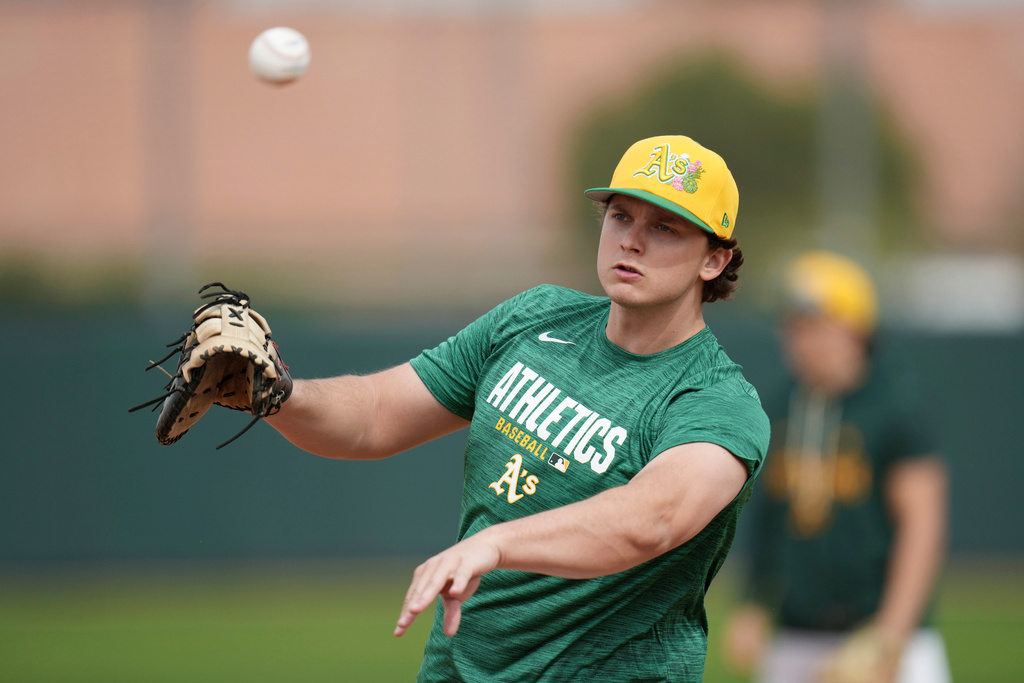 Athletics first baseman Nick Kurtz works out during spring training baseball Monday, Feb. 16, 2026, in Mesa, Ariz. (AP Photo/Ross D. Franklin)