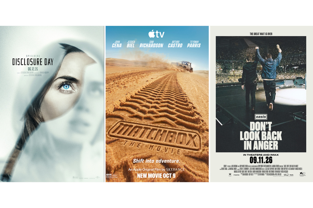 This combination of images show promotional art for the films "Disclosure Day," from left, "Matchbox The Music," and "Don't Look Back in Anger." (Universal Pictures/Apple TV/Disney via AP)
