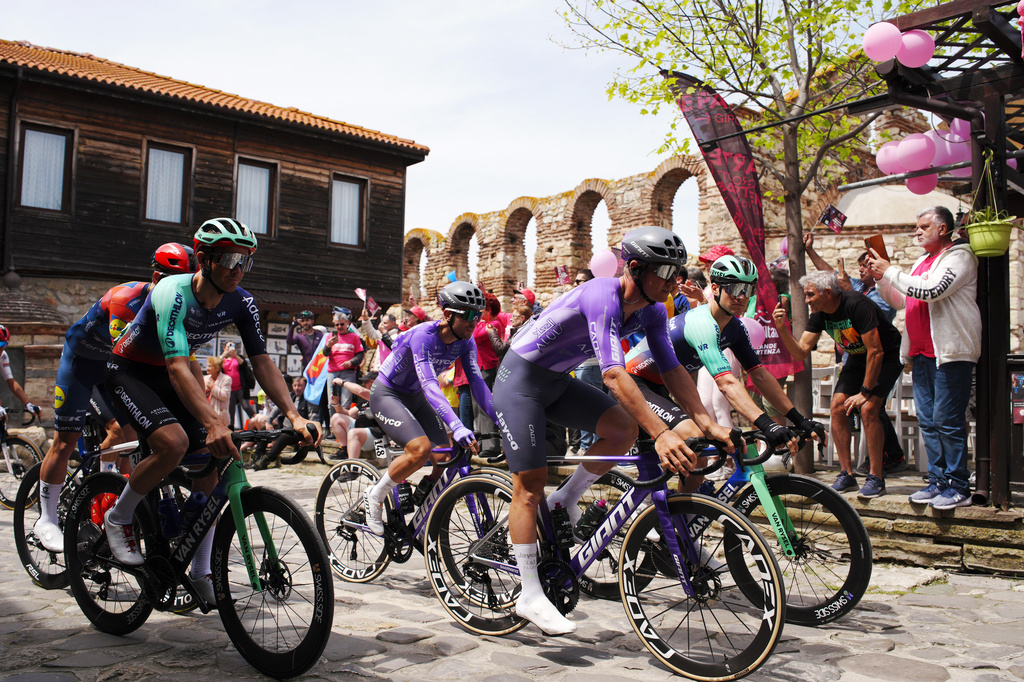 The pack rides during Stage 1 of the Giro d'Italia cycling race, from Nessebar to Burgas, Bulgaria, Friday, May 8, 2026. (Gian Mattia D'Alberto/LaPresse via AP)
