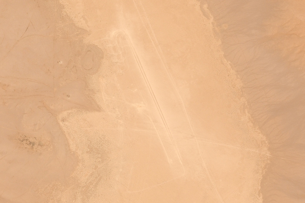 This satellite image provided by Airbus DS shows what appears to be a human-made track dug out in Iraq's western Nukhaib desert, some 250 kilometers (155 miles), southwest of the capital, Baghdad, on Sunday, March 8, 2026. (© Airbus DS 2026 via AP)