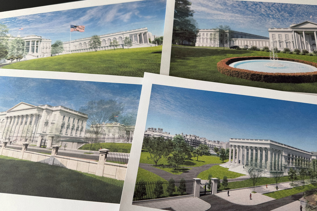 Artist renderings of the new White House East Wing and Ballroom are photographed Tuesday, March 31, 2026. (AP Photo/Jon Elswick)