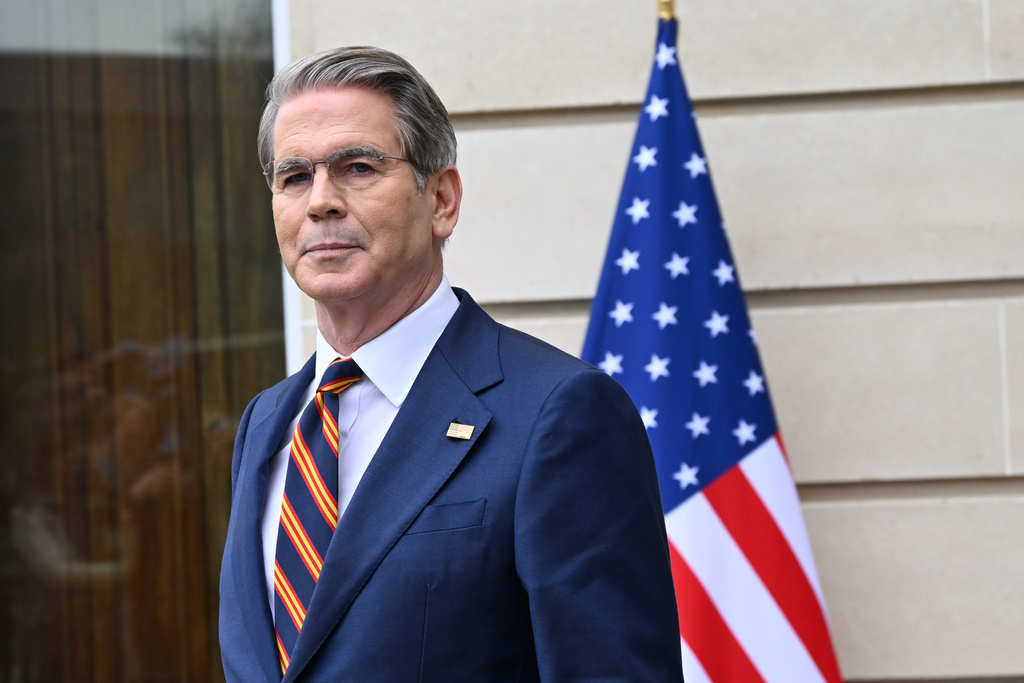US Treasury Secretary Scott Bessent arrives to give a press statement at the OECD Headquarters, Monday, March 16, 2026, in Paris, France. (AP Photo/Emma Da Silva)