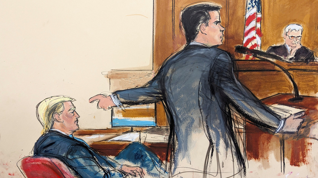 FILE - This artist depiction shows defense attorney Todd Blanche pointing at former President Donald Trump while giving his opening statement to the jury in Manhattan criminal court Monday, April 22, 2024, in New York. (Elizabeth Williams via AP, File)