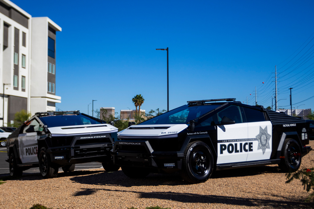 Tesla Cybertrucks owned by the Las Vegas Metro Police department is on display in Las Vegas on Tuesday Oct, 28th 2025. (AP Photo/Ty ONeil)