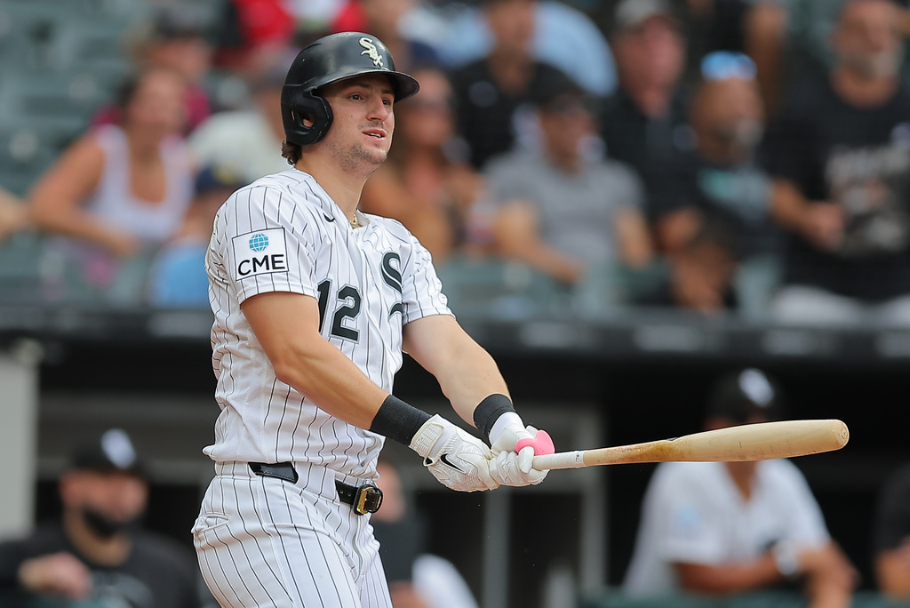 Chicago White Sox's Colson Montgomery watches his three-run home run during the third inning of a baseball game against the Cleveland Guardians, Sunday, Aug. 9, 2026, in Chicago. (AP Photo/Melissa Tamez)