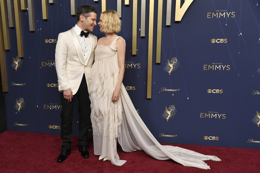 Thomas Kail, left, and Michelle Williams arrive at the 77th Primetime Emmy Awards on Sunday, Sept. 14, 2025, at the Peacock Theater in Los Angeles. (Photo by Richard Shotwell/Invision/AP)