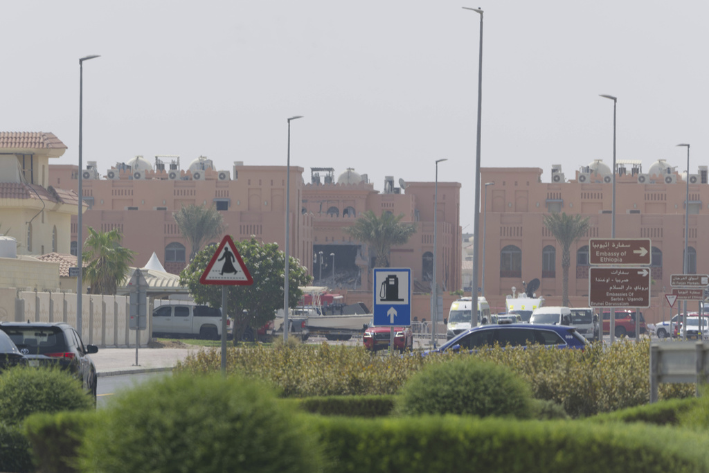 Damage is seen after an Israeli strike targeted a compound that hosted Hamas' political leadership in Doha, Qatar, Wednesday, Sept. 10, 2025. (AP Photo/Jon Gambrell)