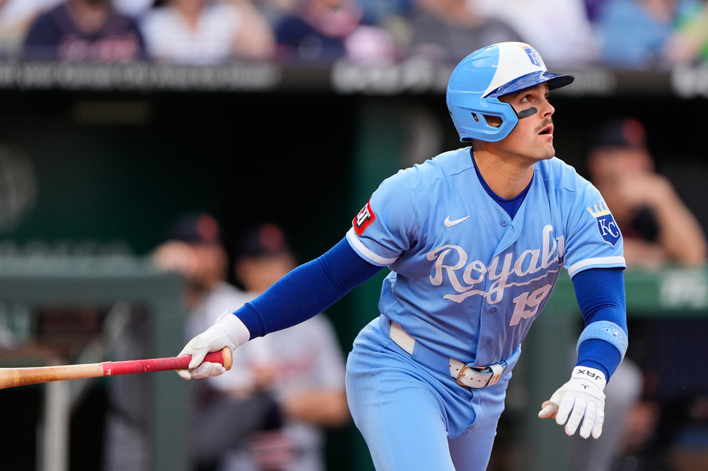 Kansas City Royals' Michael Massey watches his three-run home run during the fourth inning of a baseball game against the Detroit Tigers, Saturday, May 9, 2026, in Kansas City, Mo. (AP Photo/Charlie Riedel)