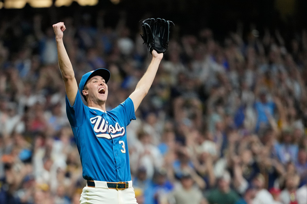 Milwaukee Brewers' Jacob Misiorowski reacts after recording the final out during the ninth inning of a baseball game against the Philadelphia Phillies, Friday, June 12, 2026, in Milwaukee. (AP Photo/Aaron Gash)