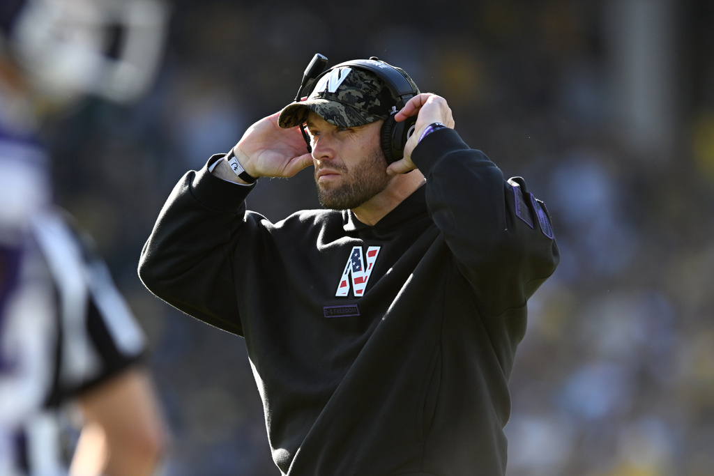 FILE - Northwestern head coach David Braun looks on during the third quarter of an NCAA college football game against Michigan, Nov. 15, 2025, in Chicago. (AP Photo/Paul Beaty, File)