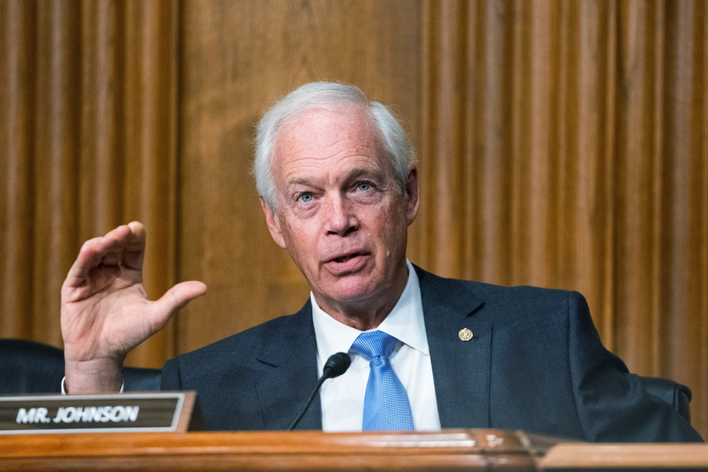 Sen. Ron Johnson, R-Wis., asks questions following Treasury Secretary Scott Bessent's testimony before the Senate Committee on Finance hearing to examine the President's proposed budget request for fiscal year 2027, Wednesday, June 3, 2026 in Washington. (AP Photo/Allison Robbert)
