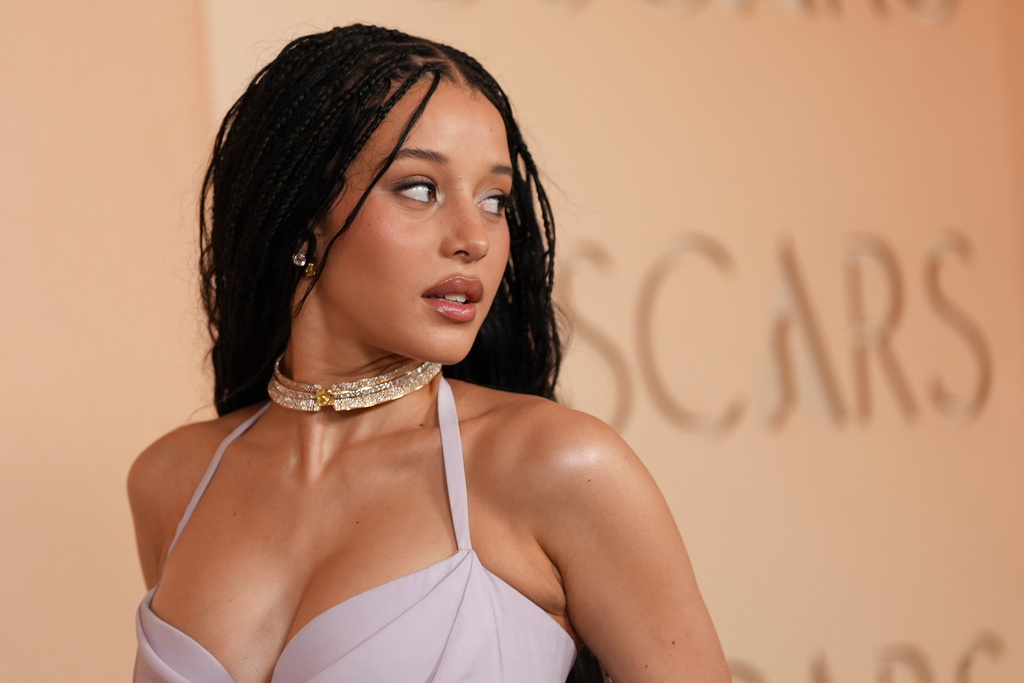 Chase Infiniti arrives at the Oscars on Sunday, March 15, 2026, at the Dolby Theatre in Los Angeles. (AP Photo/Gregory Bull)