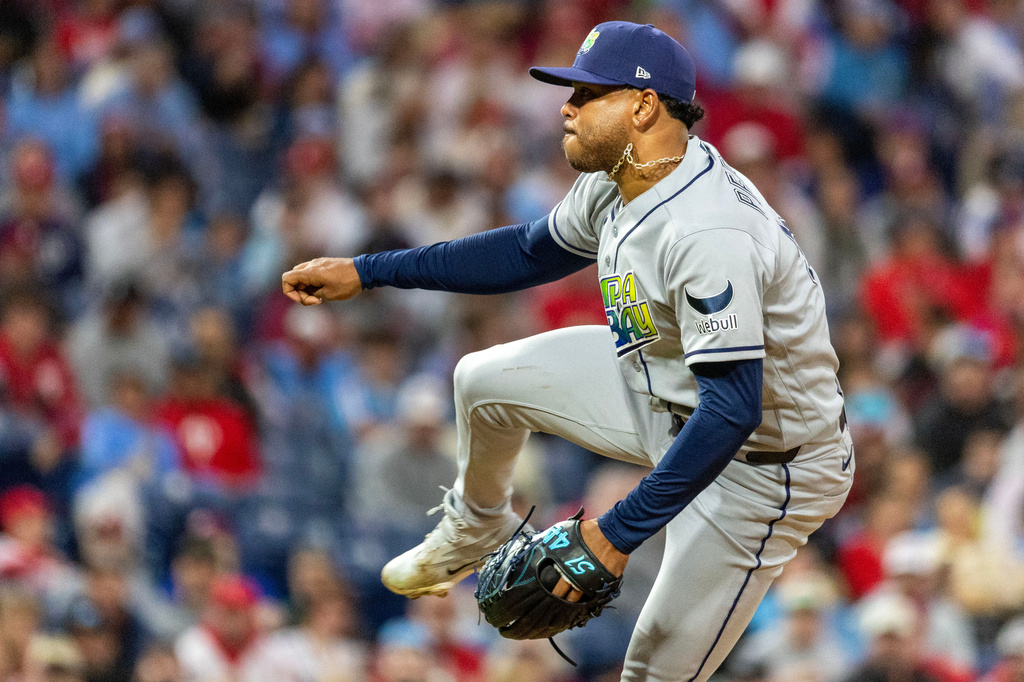 Tampa Bay Rays pitcher Freddy Peralta throws in the first inning of a baseball game against the Philadelphia Phillies, Friday, Sept. 25, 2026, in Philadelphia. (AP Photo/Laurence Kesterson)