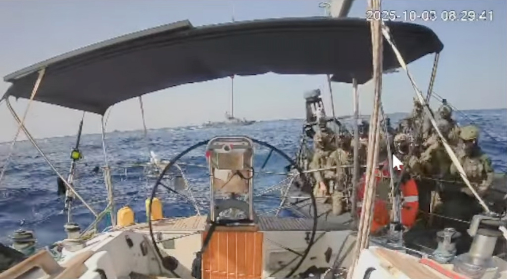 This frame grab from video released by the Global Sumud Flotilla shows Israeli forces intercepting 'Marinette', the last boat from an international flotilla trying to break Israel's sea blockade, Friday, Oct. 3, 2025. (Global Sumud Flotilla via AP)