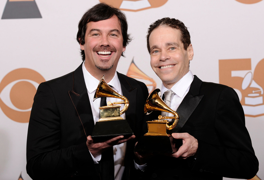 FILE - Duncan Sheik, left, and Steven Sater are seen with the award for best musical show album for "Spring Awakening" at the 50th Annual Grammy Awards on Sunday, Feb. 10, 2008, in Los Angeles. (AP Photo/Mark J. Terrill, File)