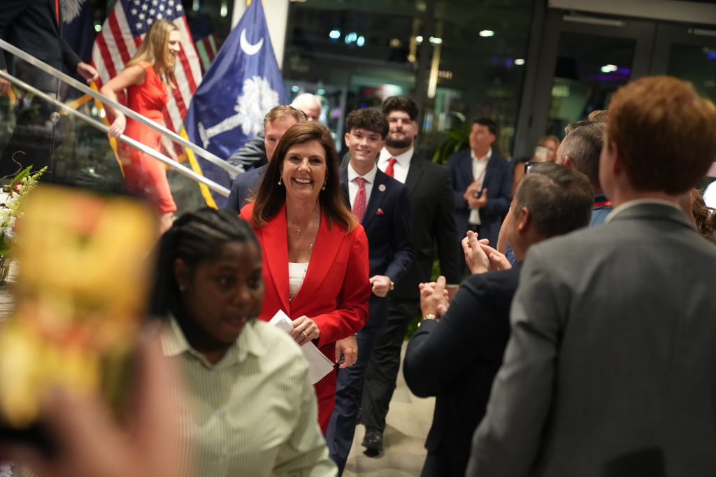 South Carolina Lt. Gov. Pamela Evette arrives to speak at an election night watch party after advancing to a GOP primary runoff in the governor's race on Tuesday, June 9, 2026, in Greenville, S.C. (AP Photo/Meg Kinnard)