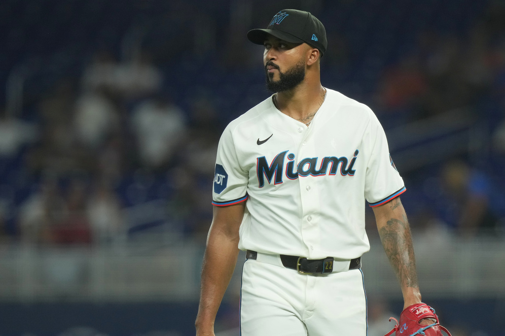Miami Marlins starting pitcher Sandy Alcantara looks at the scoreboard as he leave the field during the first inning of a baseball game against the New York Mets Tuesday, Sept. 8, 2026, in Miami. (AP Photo/Marta Lavandier)