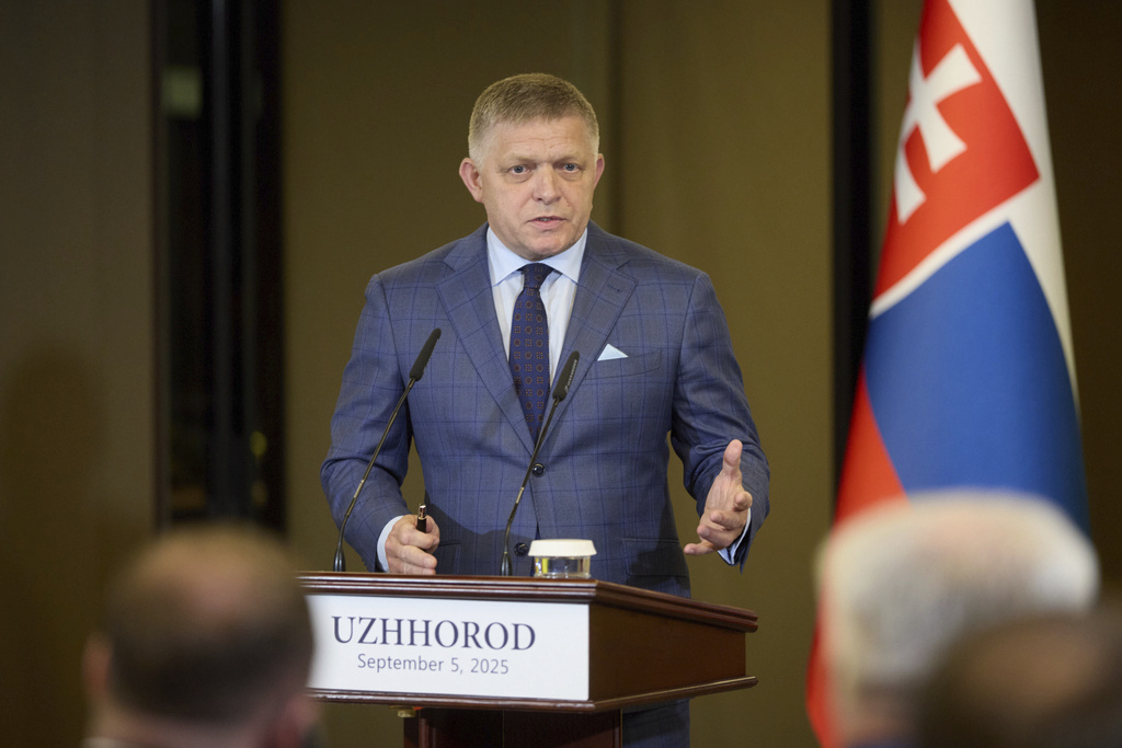 In this photo provided by the Ukrainian Presidential Press Office, Prime Minister of Slovakia Robert Fico speaks during a joint press conference with Ukrainian President Volodymyr Zelenskyy in Uzhhorod, Ukraine, Friday, Sept. 5 2025. (Ukrainian Presidential Press Office via AP)