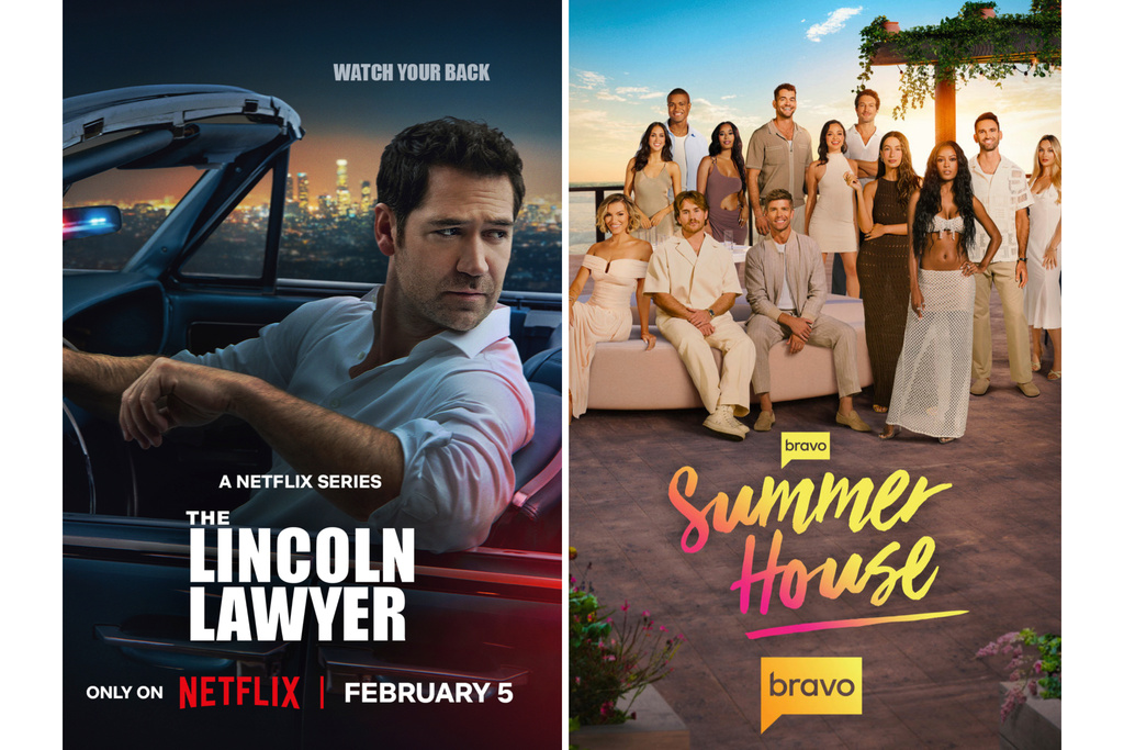 This combination of images show promotional art for "The Lincoln Lawyer," left, " and "Summer House." (Netflix/Bravo via AP)