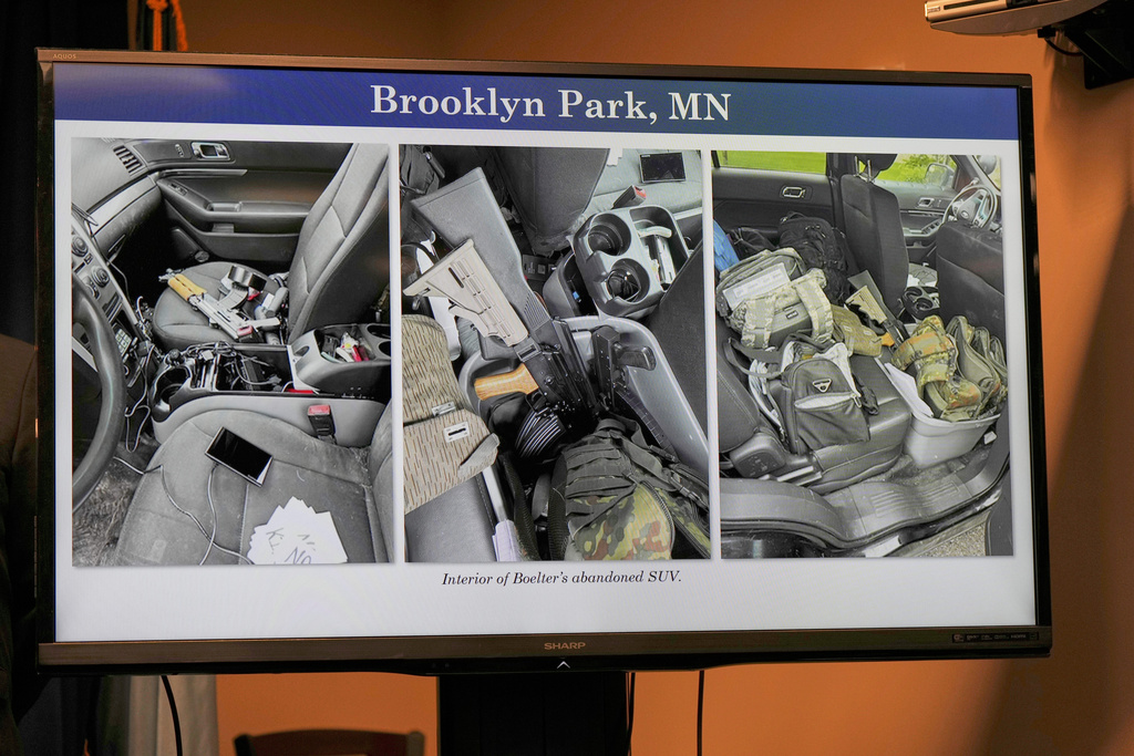 FILE - Evidence photos showing the interior of Vance Boelter's vehicle are presented during a news conference at the United States Courthouse in Minneapolis, Monday, June 16, 2025. (AP Photo/George Walker IV)