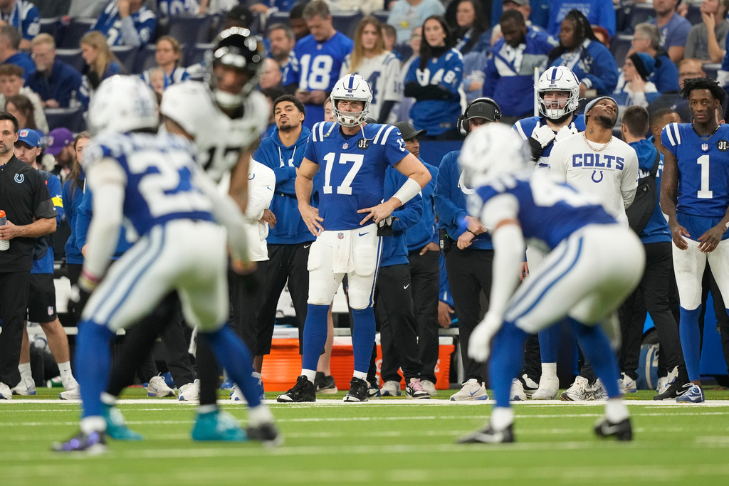 Indianapolis Colts quarterback Philip Rivers (17) watches from the sideline during the second half of an NFL football game against the Jacksonville Jaguars Sunday, Dec. 28, 2025, in Indianapolis. (AP Photo/Carolyn Kaster)
