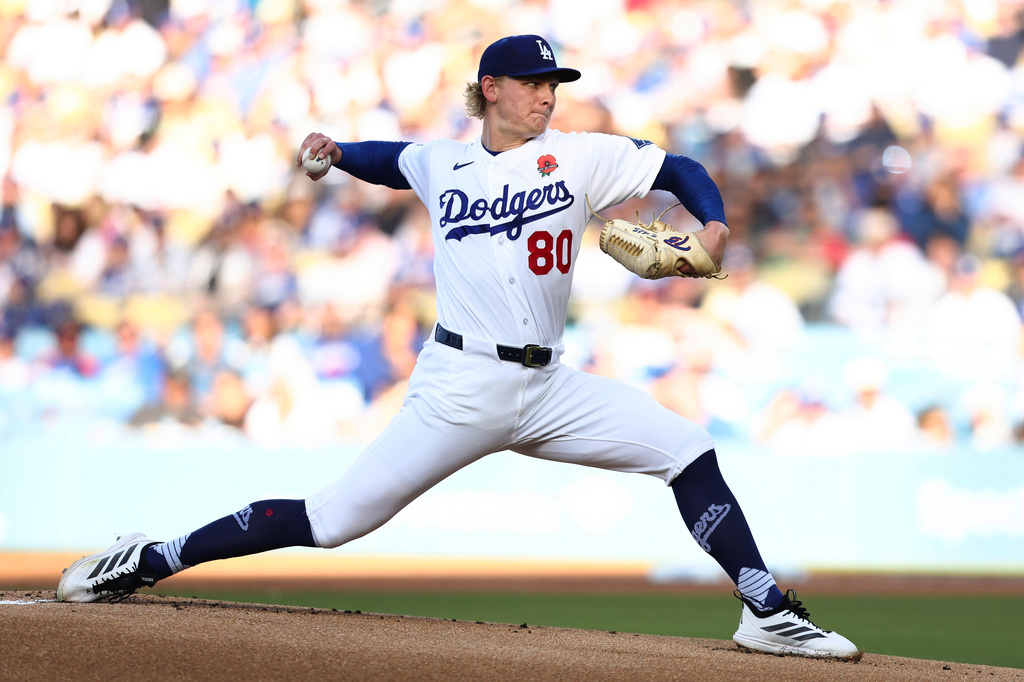 Los Angeles Dodgers pitcher Emmet Sheehan throws to a Colorado Rockies batter during the first inning of a baseball game, Monday, May 25, 2026, in Los Angeles. (AP Photo/Jessie Alcheh)
