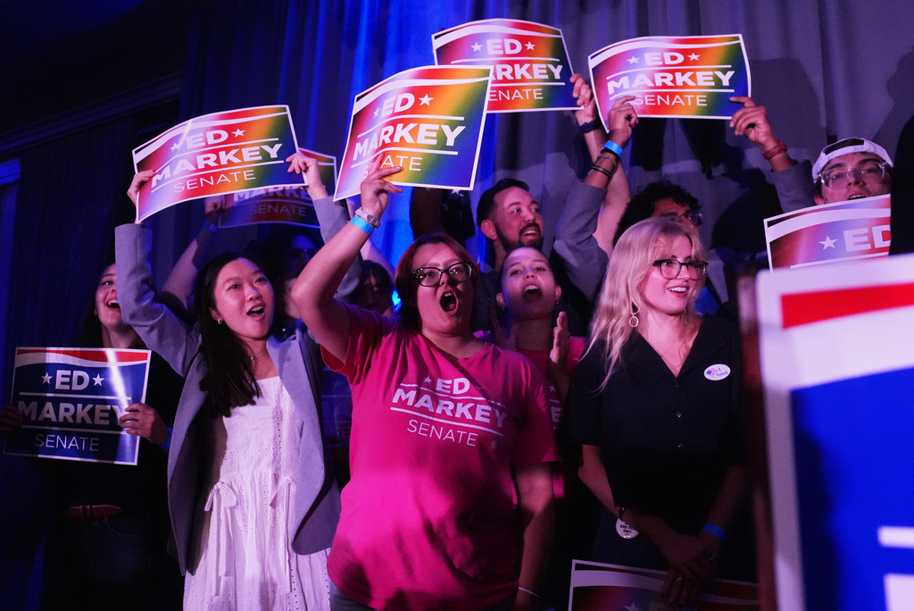 Attendees cheer after U.S. Sen. Edward Markey, D-Mass., won the Democratic nomination during a primary election night event Tuesday, Sept. 1, 2026, in Boston. (AP Photo/Charles Krupa)