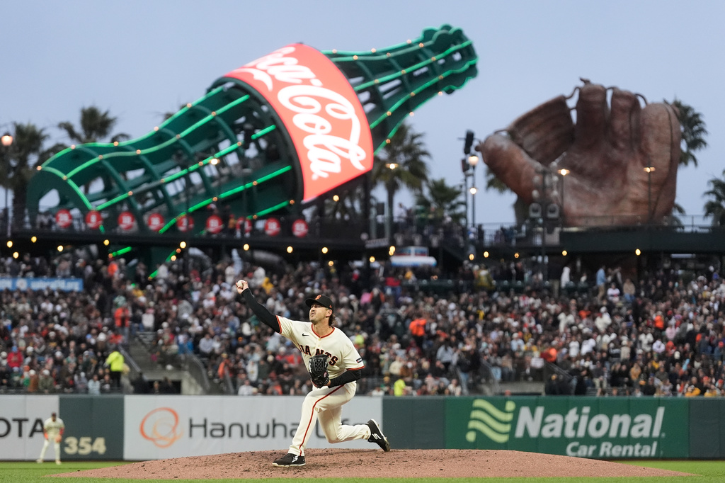 San Francisco Giants pitcher Tyler Mahle throws against the Athletics during the fifth inning of a baseball game Wednesday, June 24, 2026, in San Francisco. (AP Photo/Jeff Chiu)
