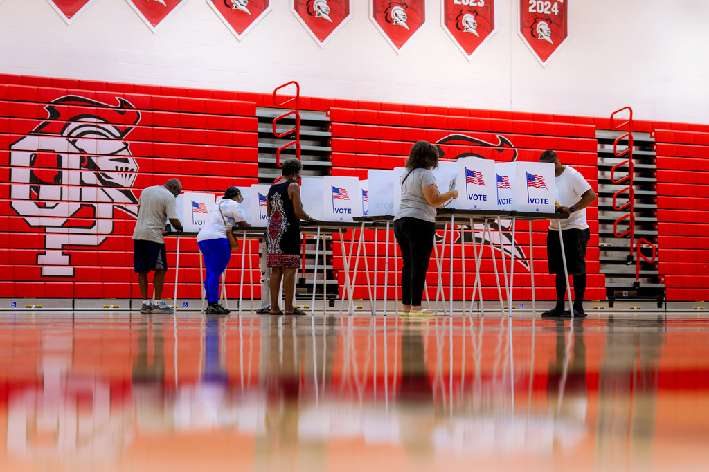People vote in the primary election at Oak Park High School in Oak Park, Mich., Tuesday, Aug. 4, 2026, (AP Photo/Nic Antaya)
